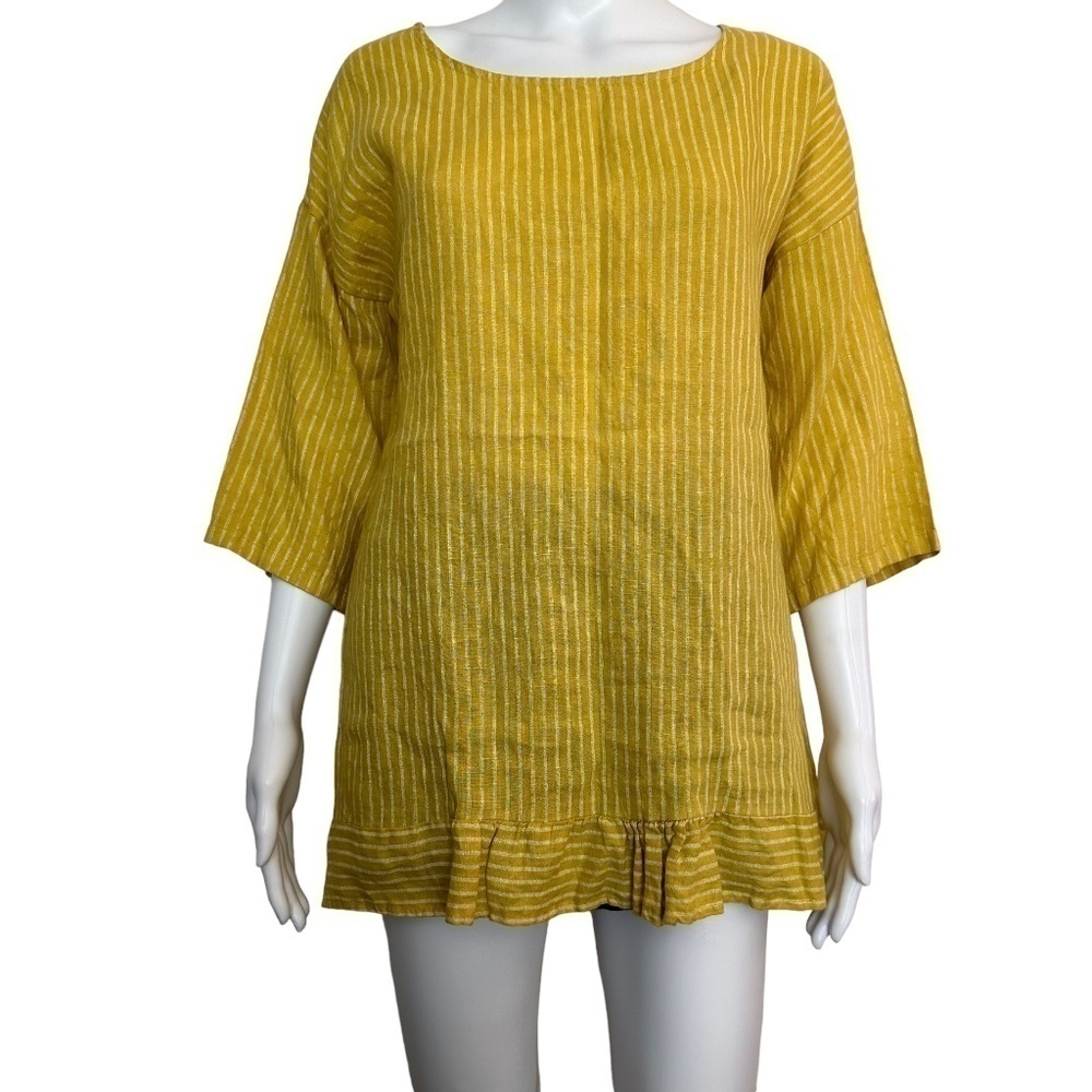 NEW Lungo L'Arno PURO LINO Linen Women's Size Medium Mustard Striped Tunic Top